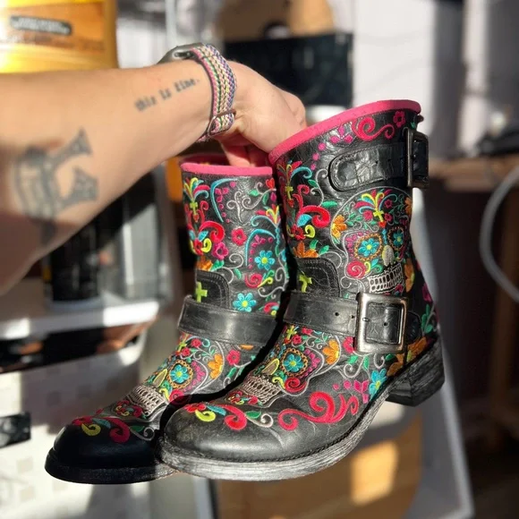 Old Gringo Klak Sugar Skull Black Leather Rainbow Biker Boots 7.5 - Picture 13 of 15